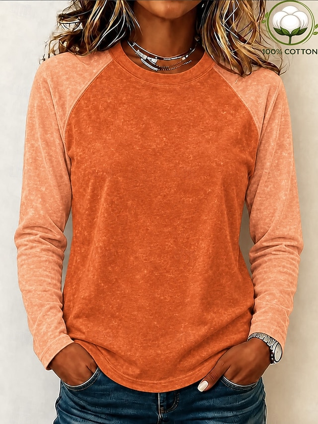Women's Washed Cotton 100% Cotton Henley Shirt Plain Vintage Fashion Stylish Sleeveless Short Sleeve Long Sleeve Crew Neck Regular Tops Casual Beach Blue Pink Orange Spring Fall Winter - Orange
