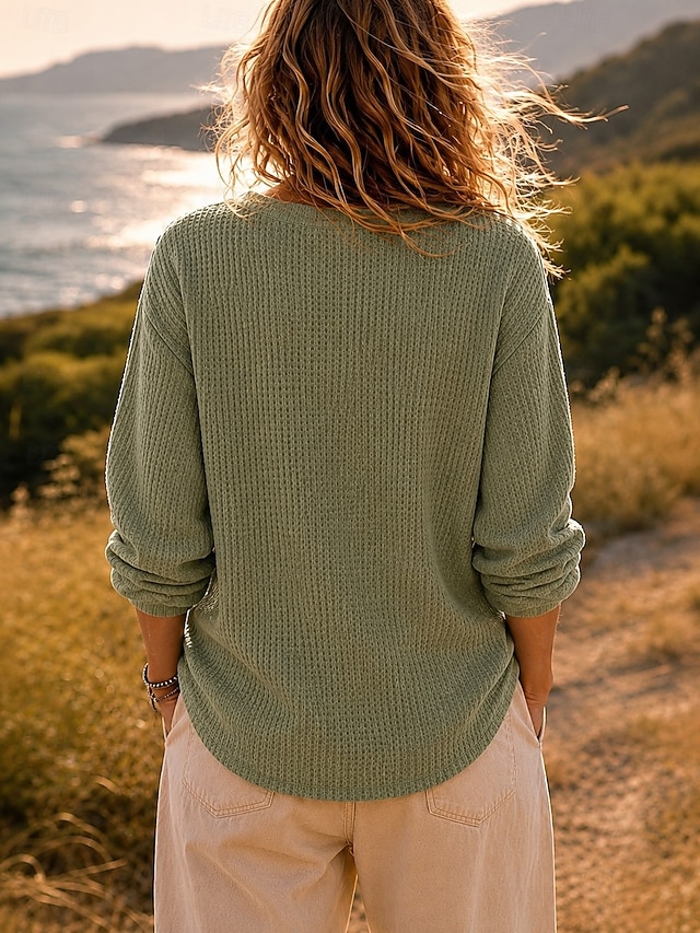 Women's Waffle Shirt Texture Buttons Solid Color Active Vintage Fashion Long Sleeve Bishop Sleeve Crew Neck Regular Tops Casual Daily Streetwear Khaki Green Grey Spring Fall - Green