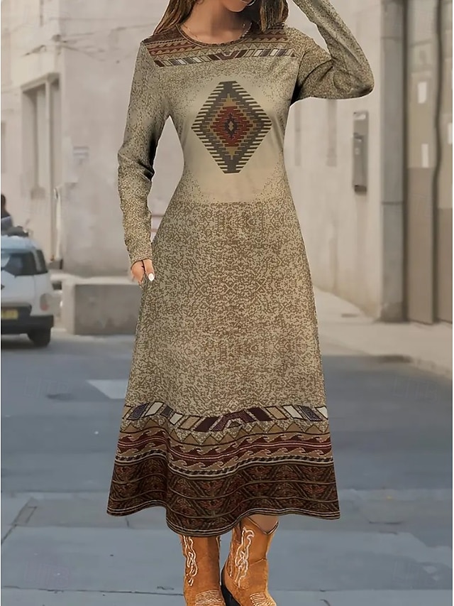 Women's Maxi Dress Boho Sheath Dress T Shirt Dress Tee Dress Vacation Casual Holiday Date Regular Fit Graphic Geometric Tribal Long Sleeve Crew Neck Blue Dark Brown Black Red Spring Fall - Brown