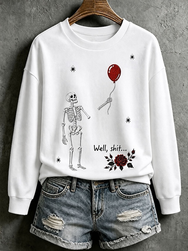 Halloween Women's Pullover Sweatshirt Print Graphic Letter Halloween Fashion Casual Long Sleeve Crew Neck Regular Tops Casual Street Dailywear Blue White Apricot Spring Fall Winter - White