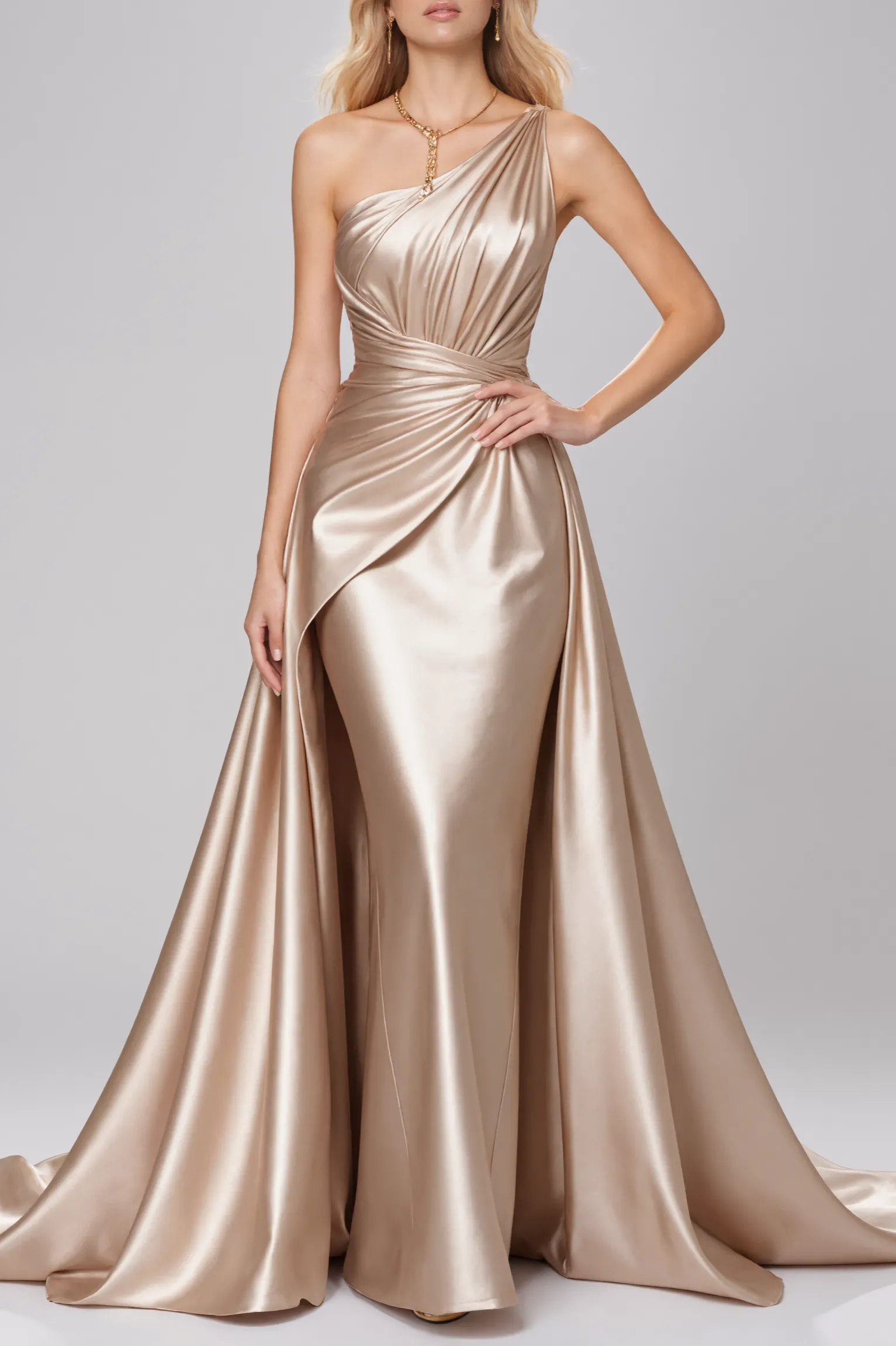 Formal Evening Gown Champagne One Shoulder Satin Maxi Dress