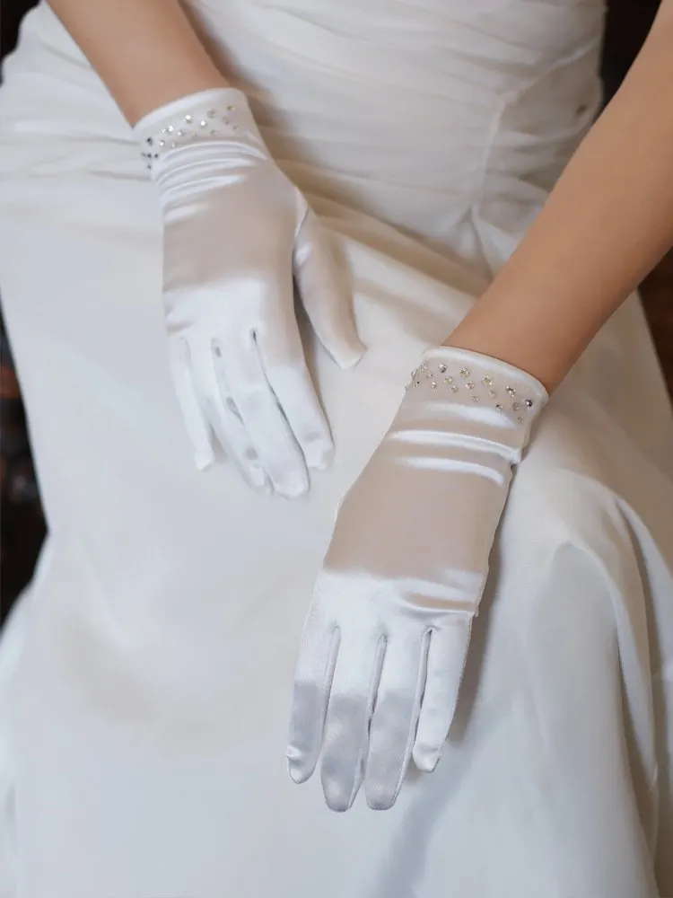 Retro-style Short Minimalist Rhinestone Satin Elegant Bridal Banquet/wedding Gloves
