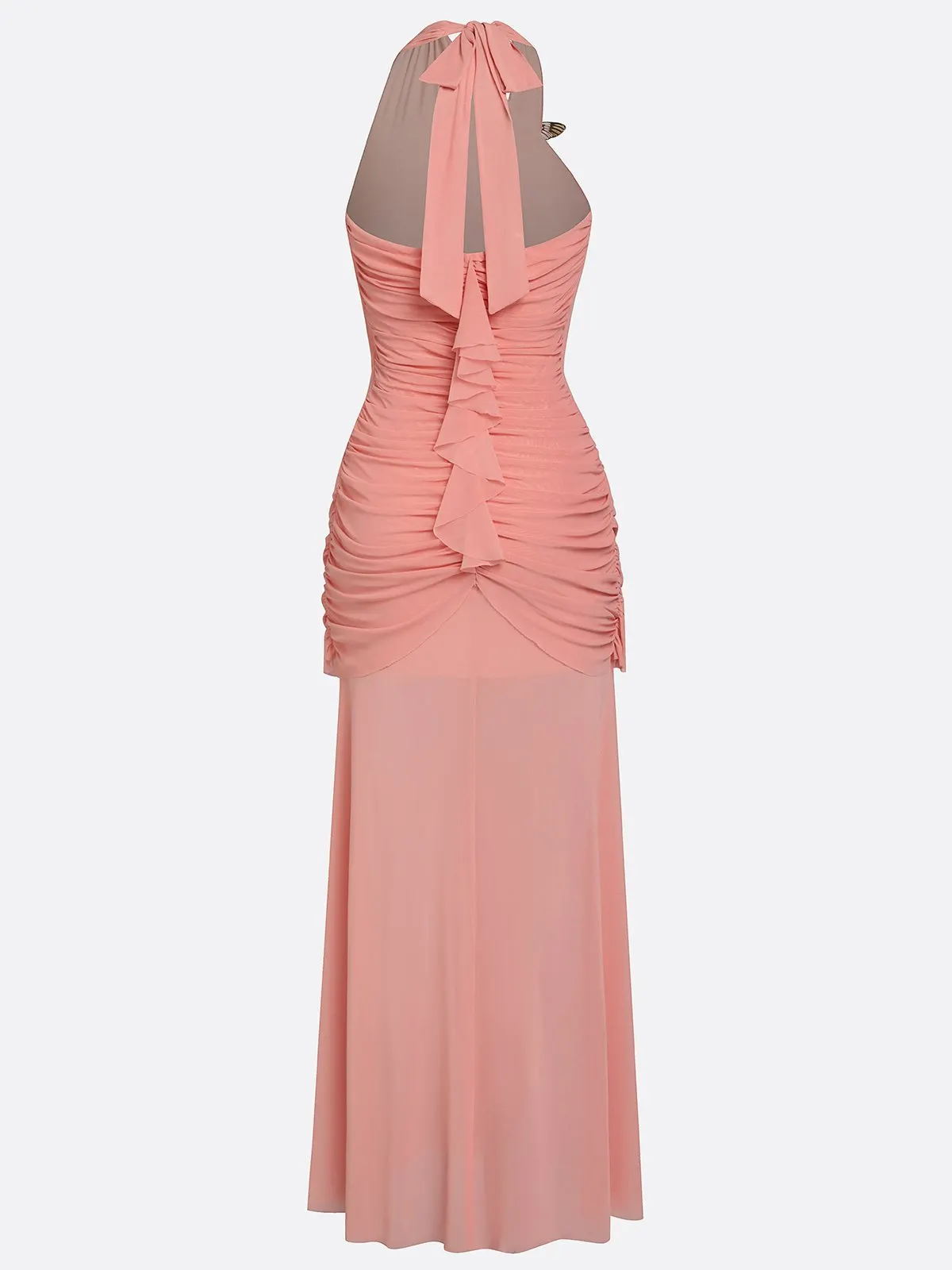 Rose Pink Metal Ruched Classic Halter Sleeveless Bodycon Floor-length Gown Dress