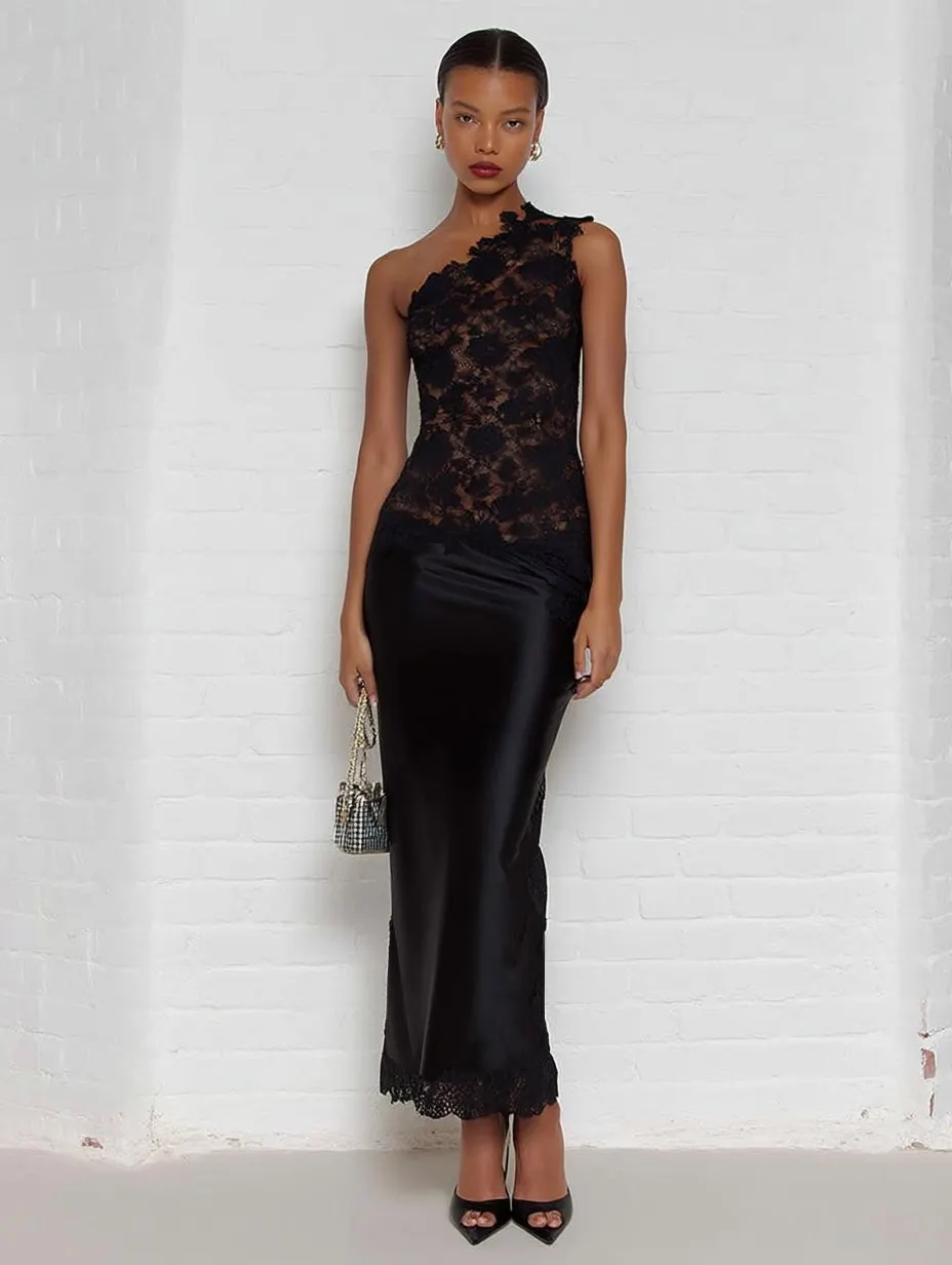 Black Lace One Shoulder Sleeveless Sheath Maxi Dress