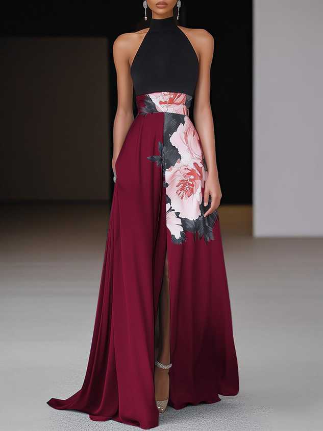 Black Cyan Floral Slit Satin Halter Neck Sleeveless A-Line Floor-length Gown Dress