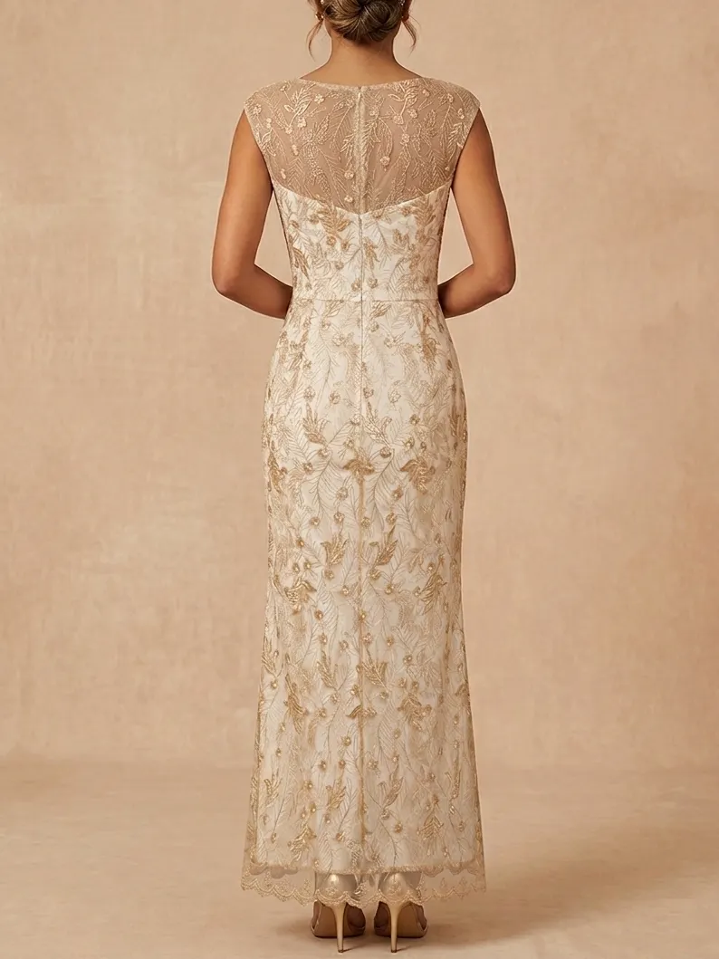 Champagne Lace Embroidered Mother of the Bride Dress - Elegant Sheath Wedding Guest Gown - Champagne