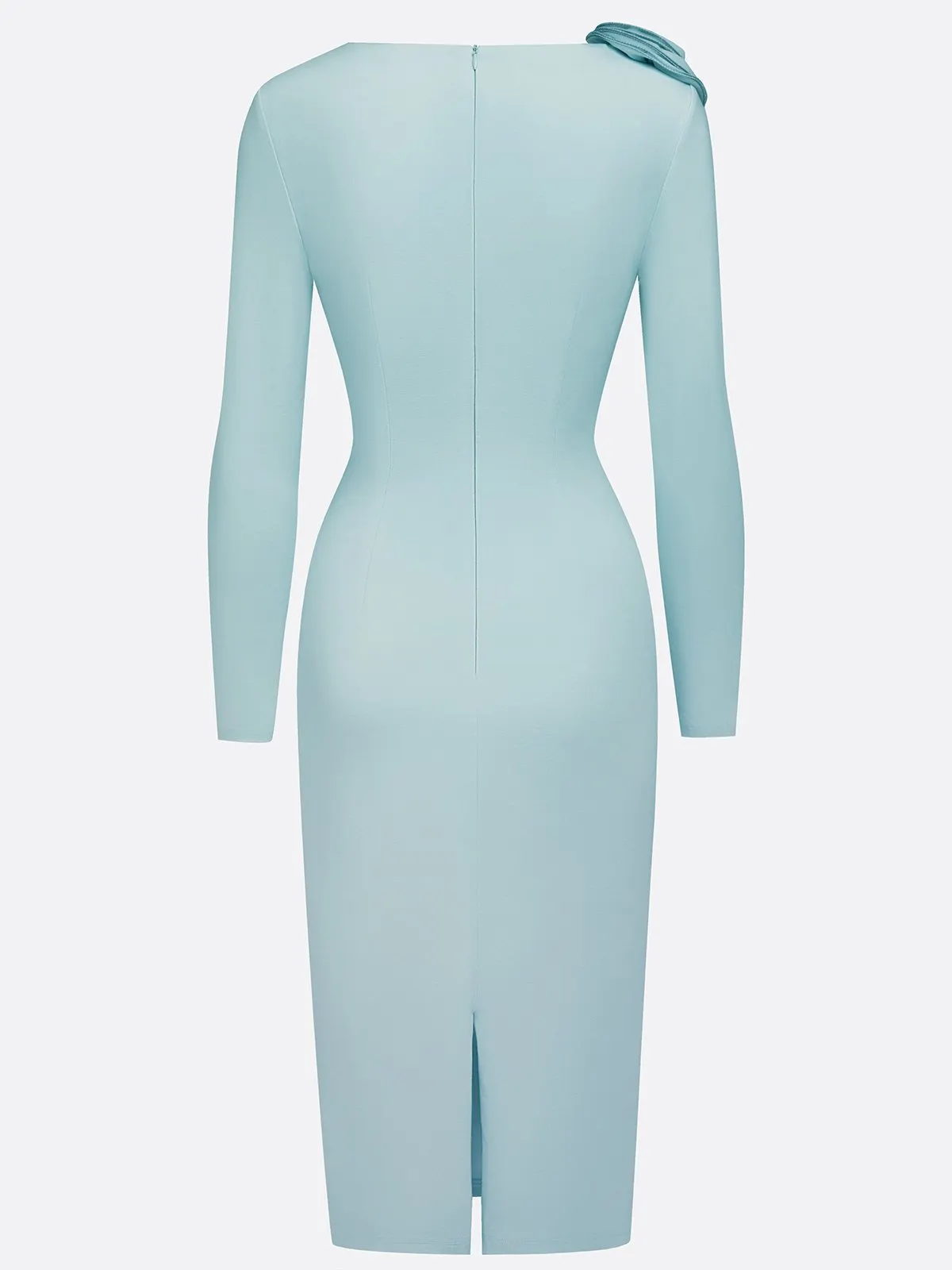 Light Blue 3D Floral Ruched Knit Asymmetrical Long Sleeve Sheath Midi Dress