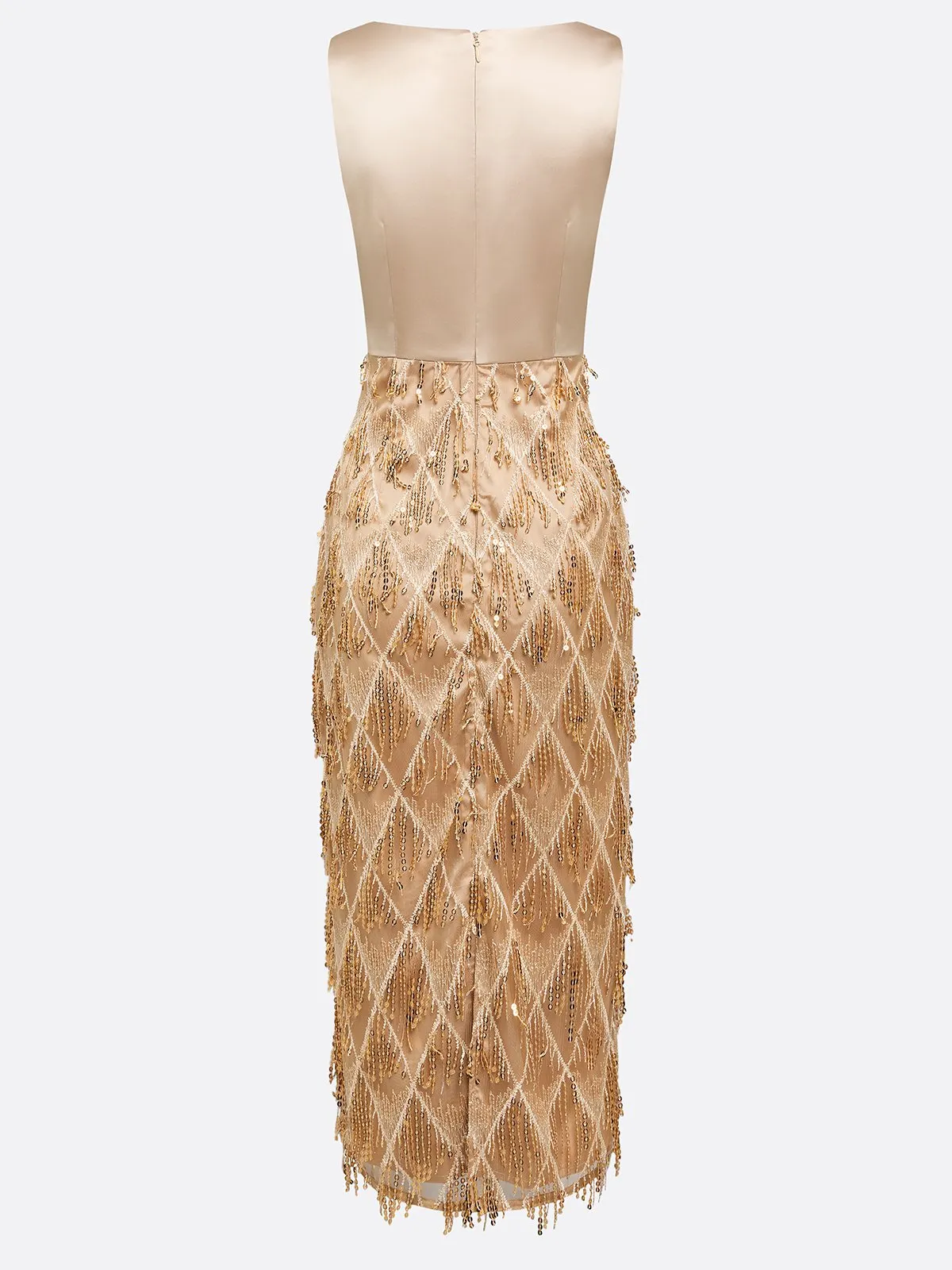 Champagne Tassel Sequin Boat Neck Sleeveless Sheath Midi Dress