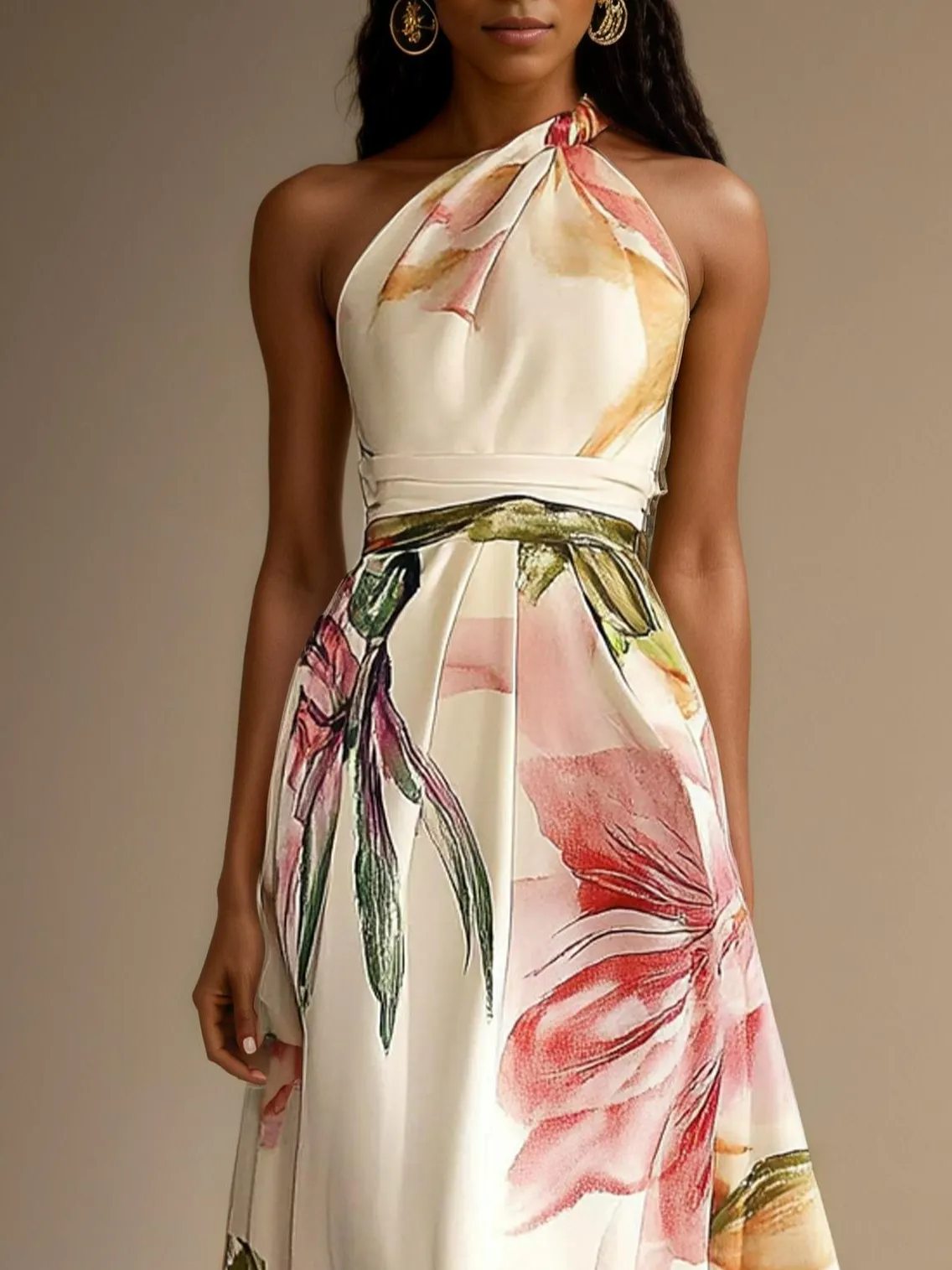 Pink Floral Satin One Shoulder Sleeveless A-Line Floor-length Gown With Pockets