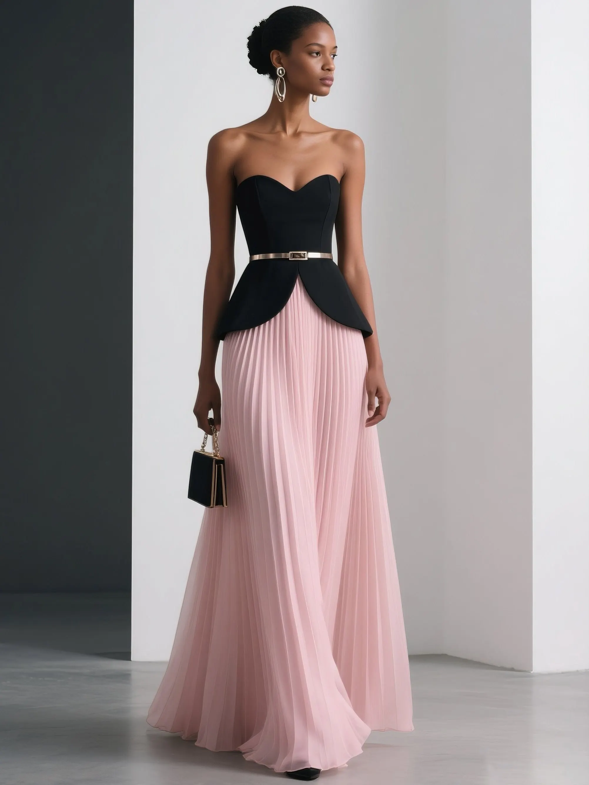 Women Pink Pleated Strapless Sleeveless Dressy Top With Skirt Two-Piece Set