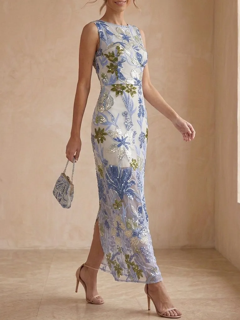 Embroidered Floral Sequin Mother of the Bride Maxi Dress