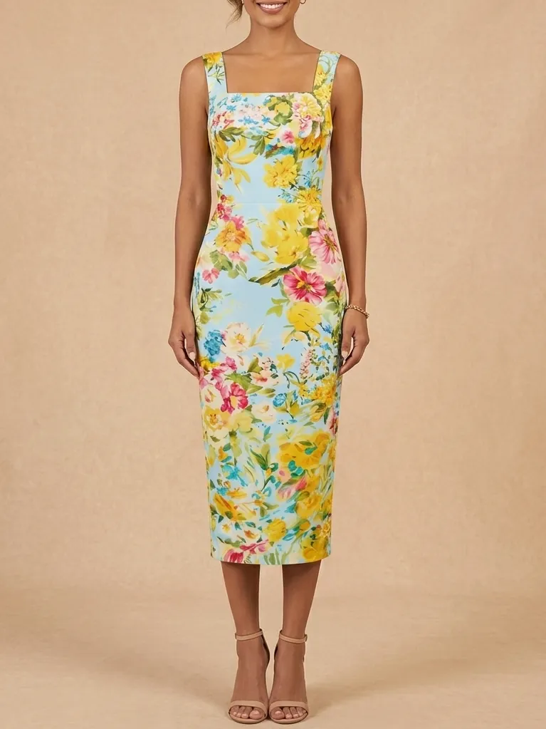 Floral Print Square Neck Midi Dress - Sophisticated Mother of the Bride & Groom Sheath Dress