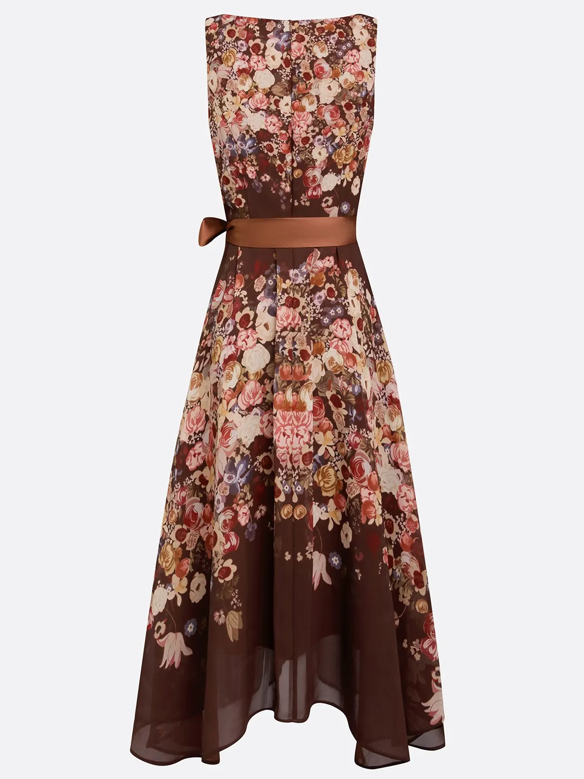 Red Brown Floral Chiffon Crew Neck Sleeveless A-Line Midi Dress