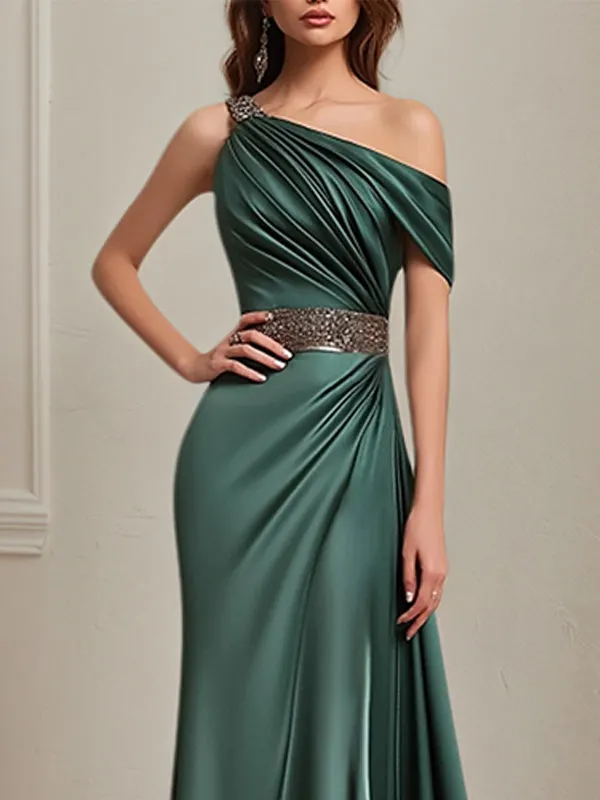 Formal Dress Green One Shoulder Rhinestone Waist Belt Floor Length Dress