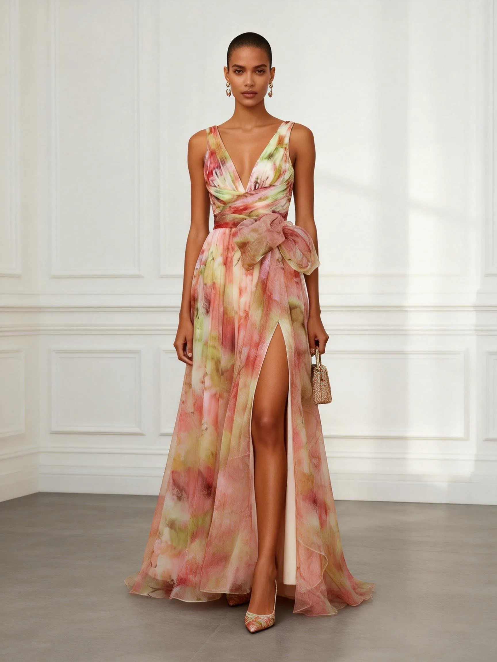 Pink Floral Bow Tulle V Neck Sleeveless A-Line Floor-length Gown Dress