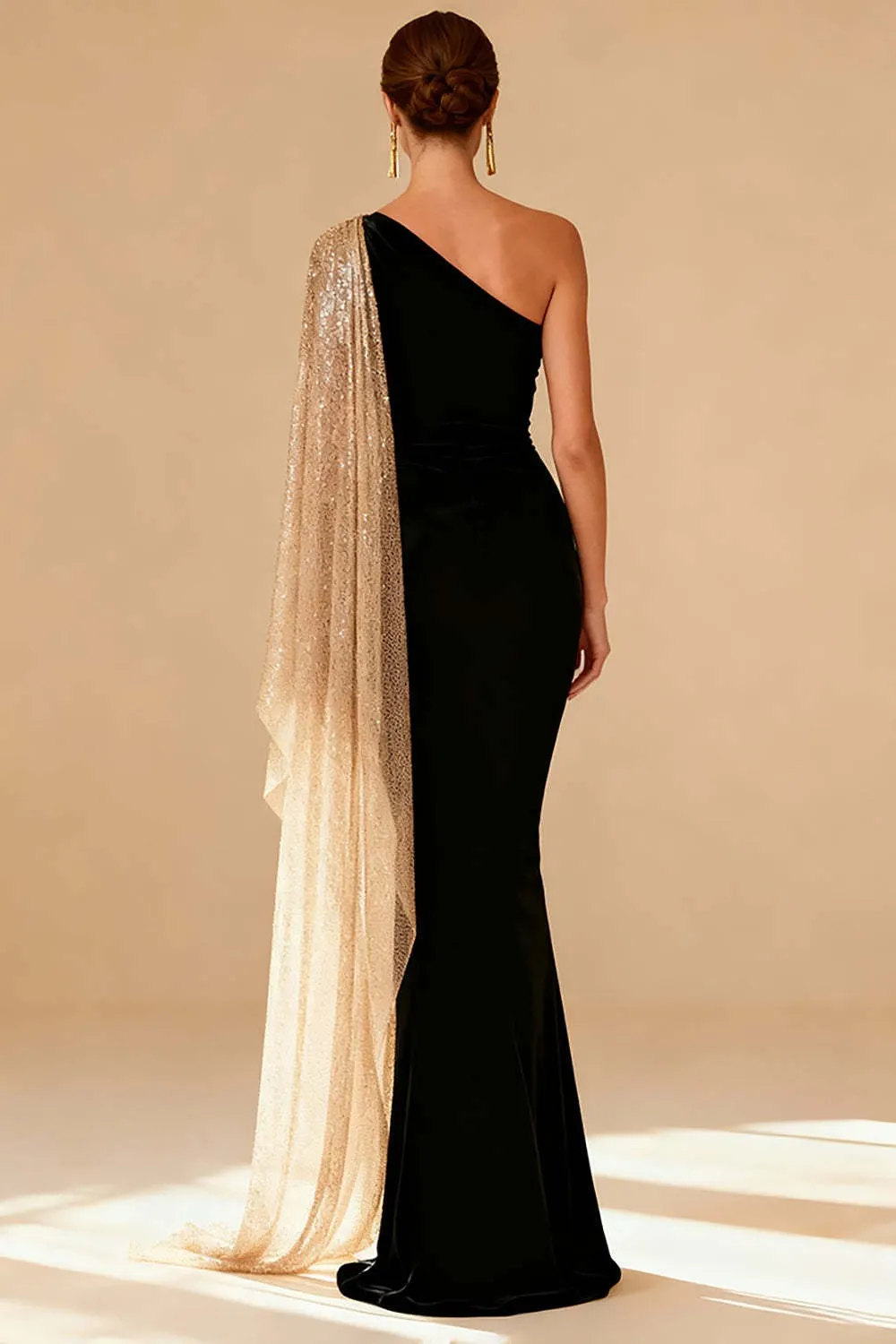Sparkly Black Mermaid One Shoulder Maxi Formal Dress with Slit
