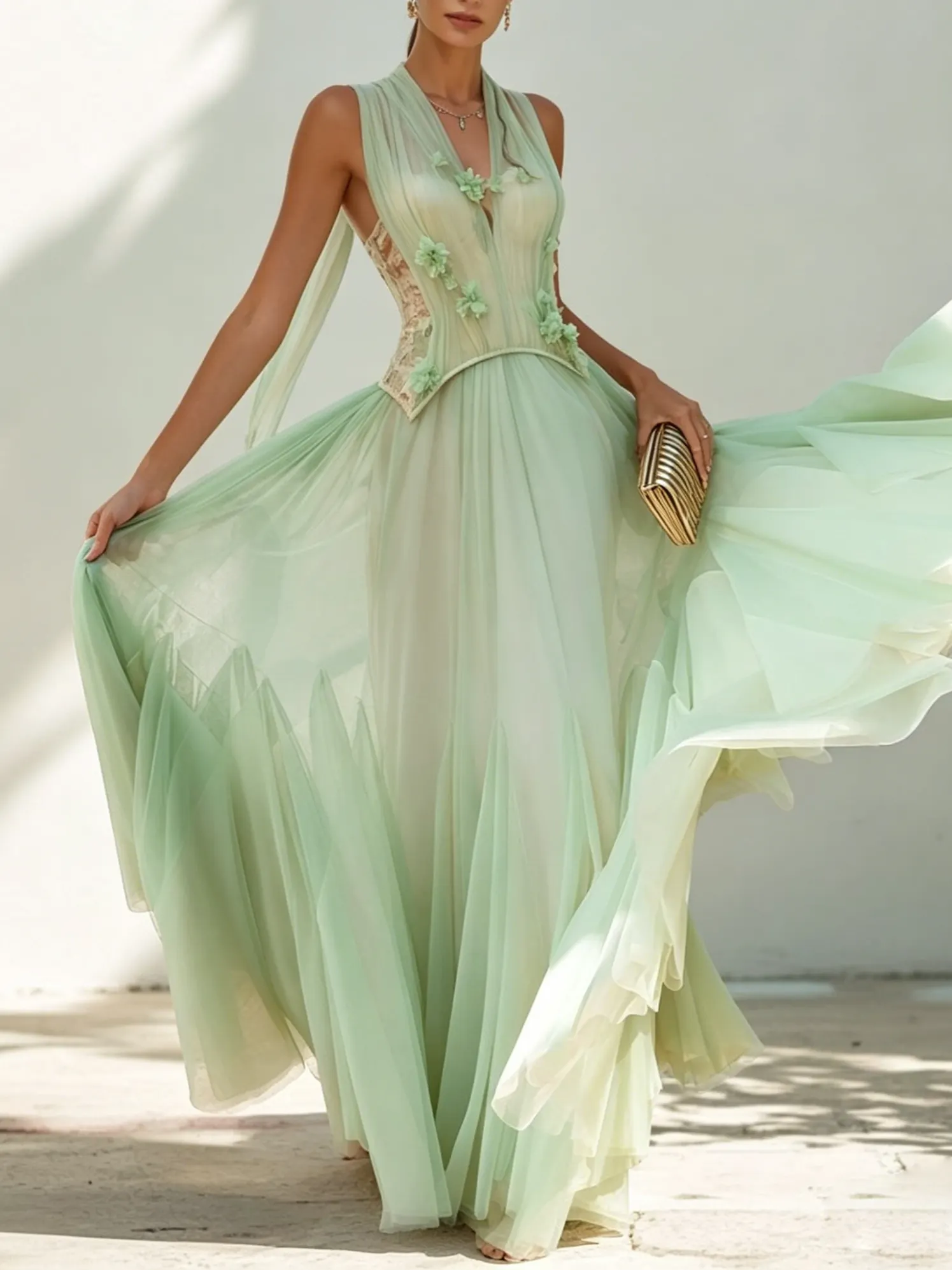 Green Chiffon V Neck Sleeveless A-Line Corset Floor-length Gown Dress