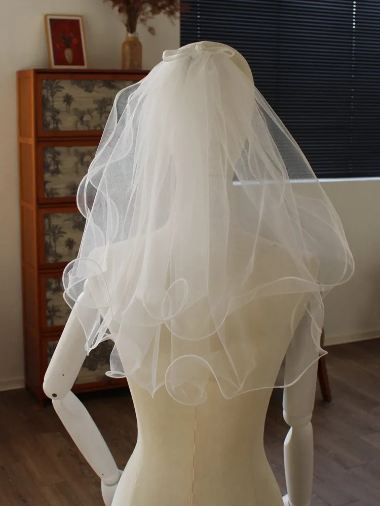 Short Bow-embroidered Double-layered Rolled-edge Bridal Veil