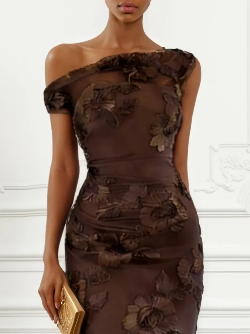 Deep Brown Jacquard Lace Off The Shoulder Sleeveless Bodycon Floor-length Gown Dress