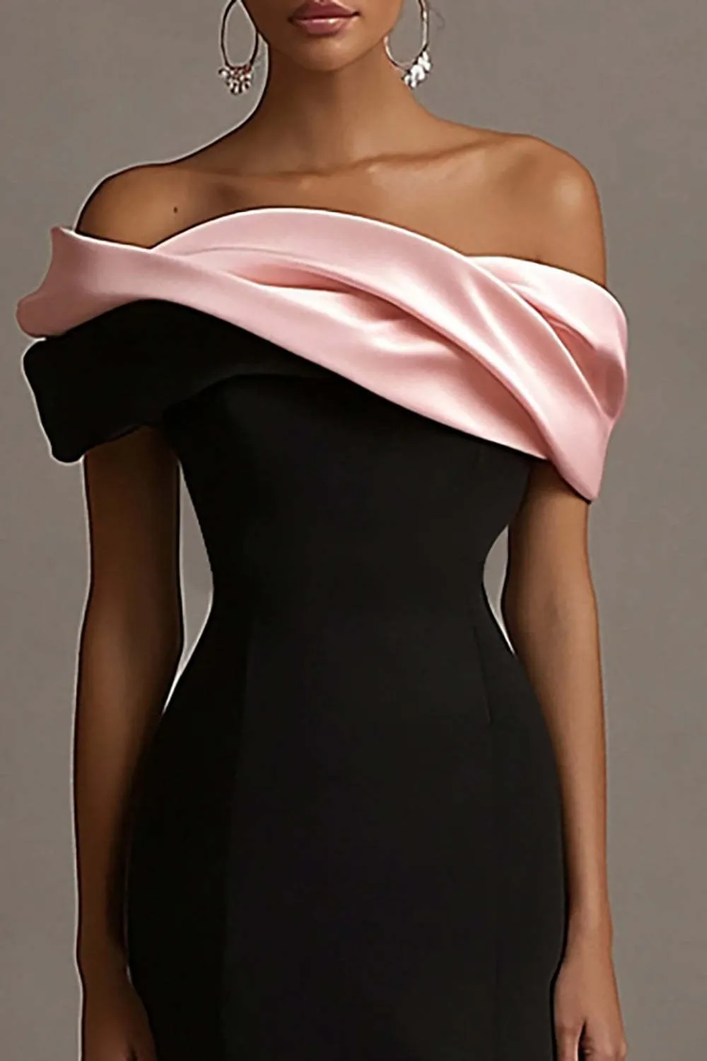 Black and Pink Off the Shoulder Sheath Satin Maxi Evening Dress