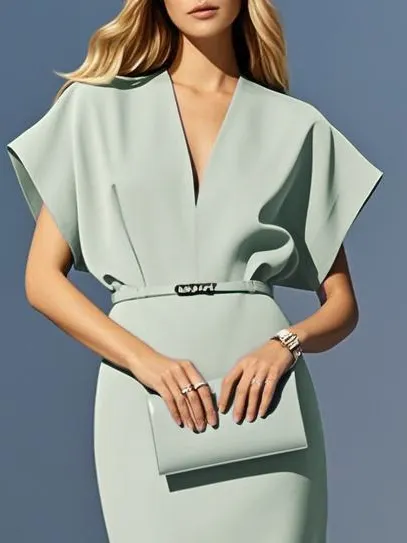 Light Green Slit Classic V Neck Cap Sleeve Dolman Sleeve Sheath Midi Dress - Light Green