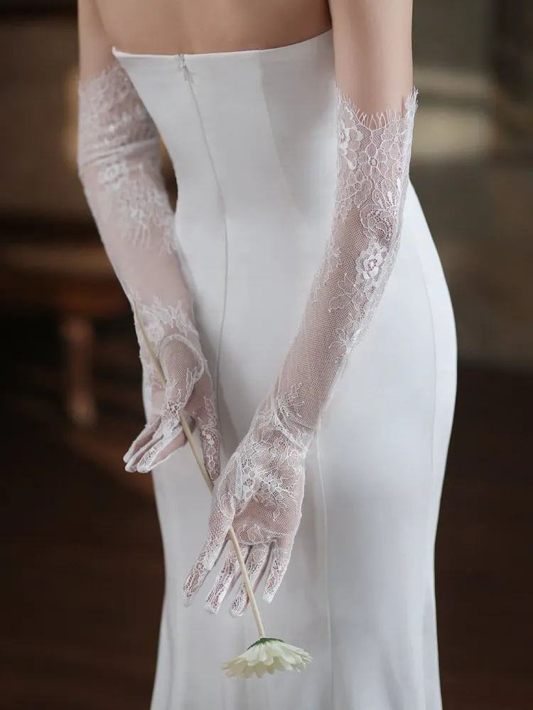 Floral Urban LaceBridal Ethereal White Floral Lace Tulle Tassel Gloves - Ivory