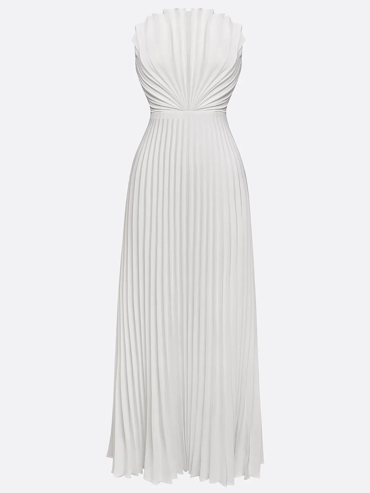 White Pleated Satin Strapless Sleeveless A-Line Maxi Dress