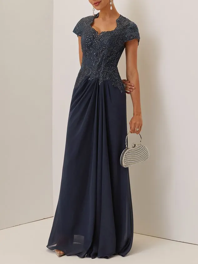 Purplish blue Sequin Lace Chiffon Dress Sweetheart Neckline Short Sleeve A-Line Maxi Mother of the Bride or Groom Dress