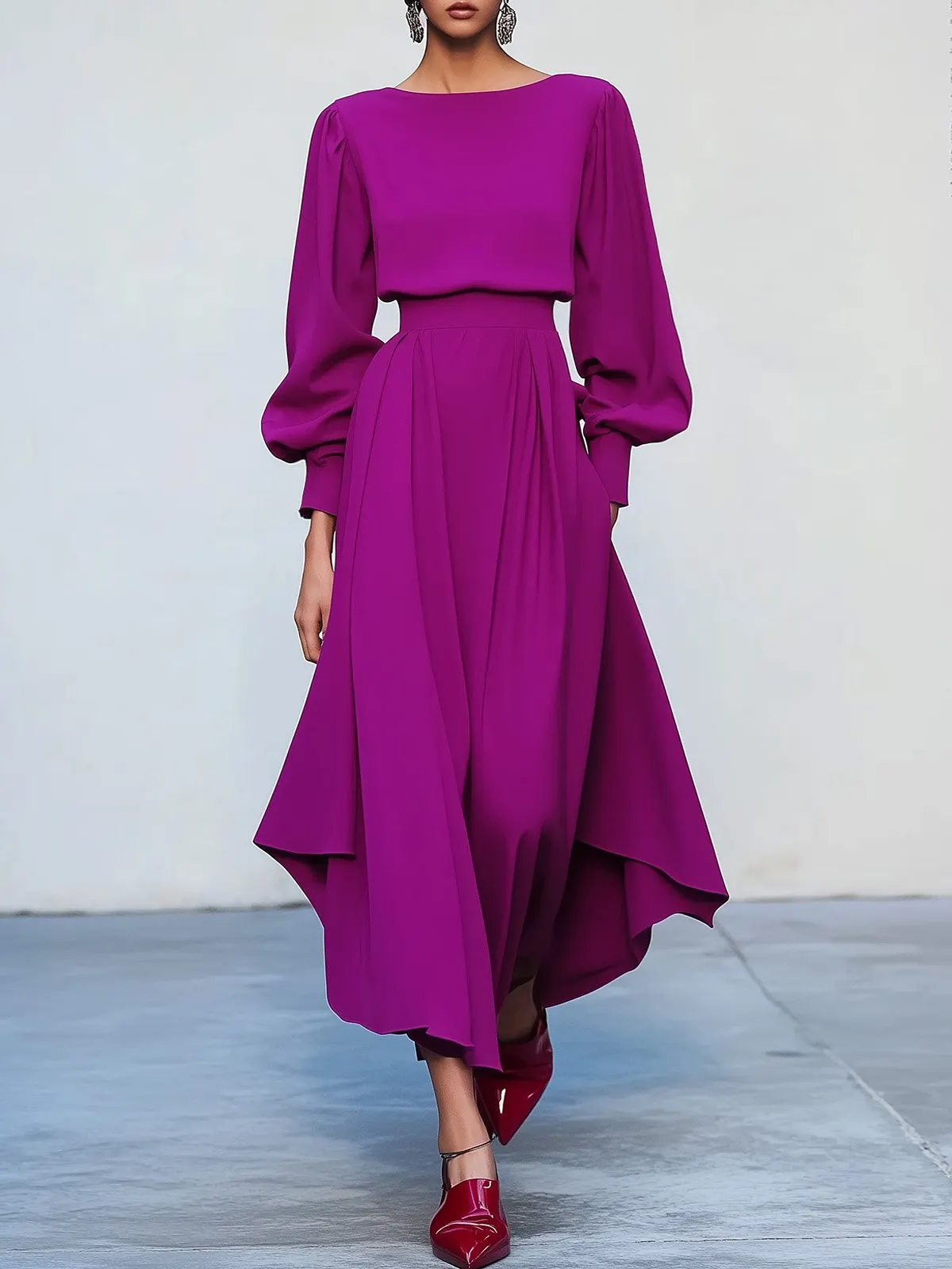 Rose Red Asymmetric Boat Neck Long Balloon Sleeve A-Line Midi Dress - Rose Red