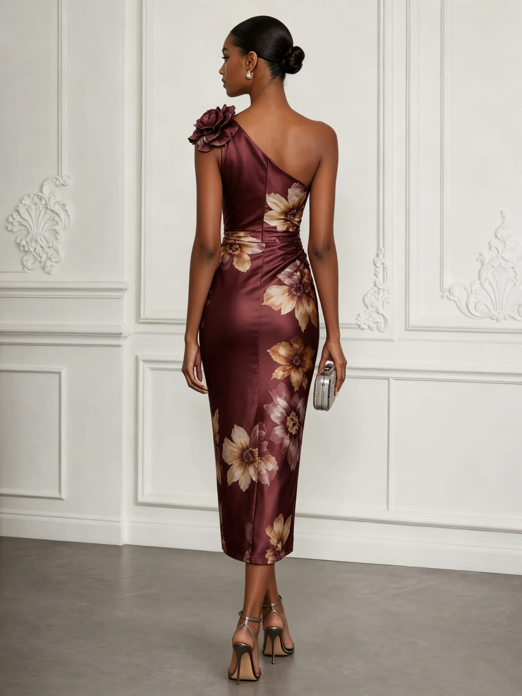 Burgundy 3D Floral Satin One Shoulder Sleeveless Sheath Midi Dress