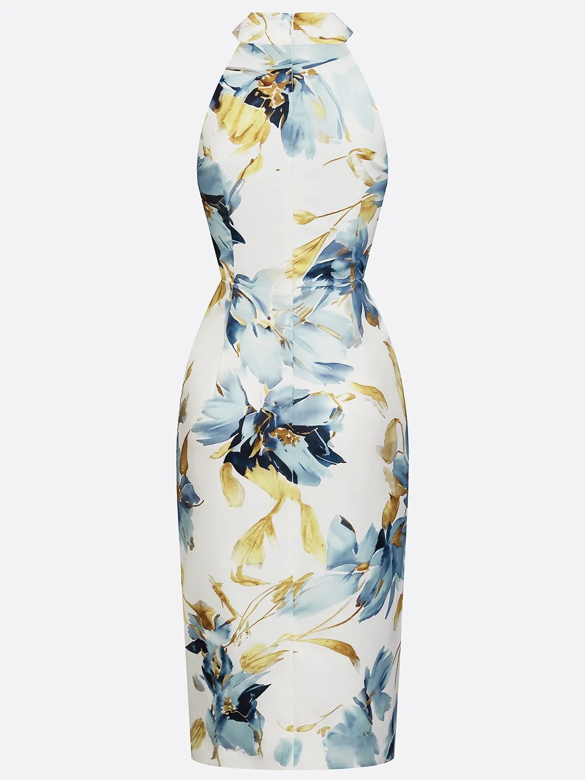 Blue Floral Satin Halter Neck Sleeveless Sheath Midi Dress