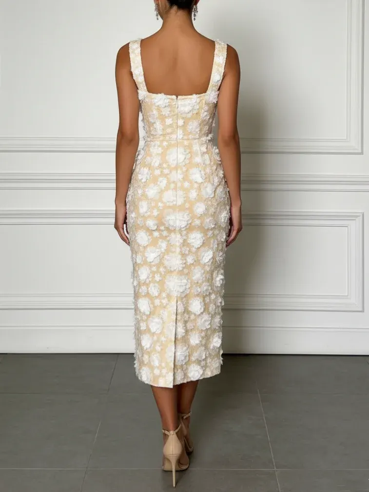 White 3D Floral Appliqué Classic Square Neck Sleeveless Sheath Midi Dress