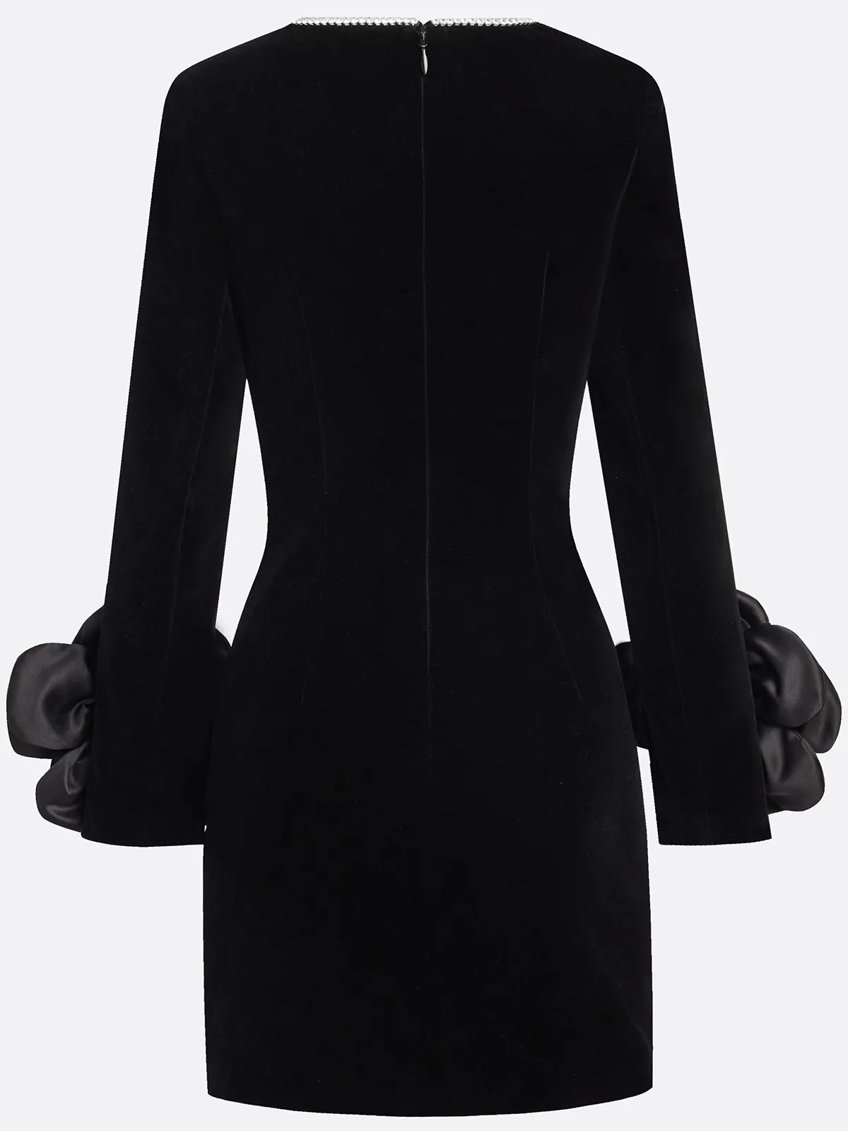 Black 3D Floral Rhinestone Velvet Crew Neck Long Sleeve Sheath Mini Dress
