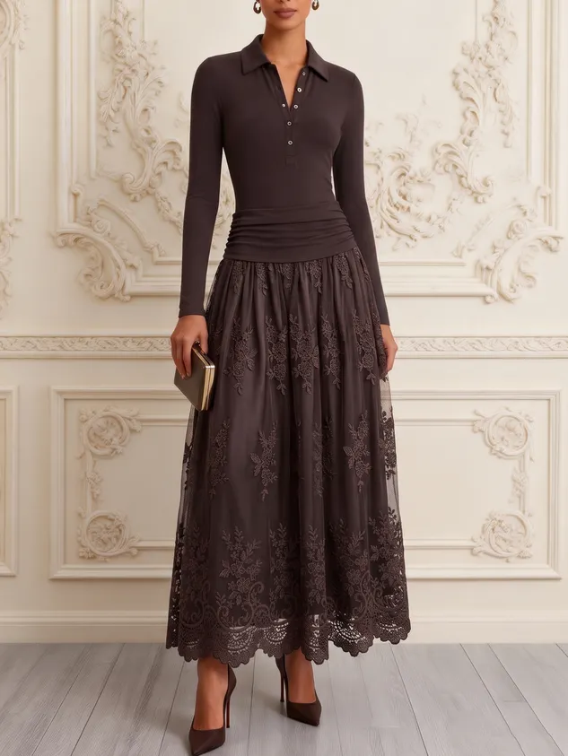 Brown Lace Knit Shirt Collar Long Sleeve A-Line Maxi Dress