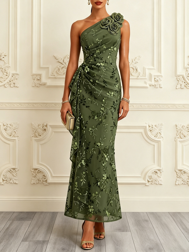 Army Green 3D Floral Ruffled Classic One Shoulder Sleeveless Mermaid Maxi Dress