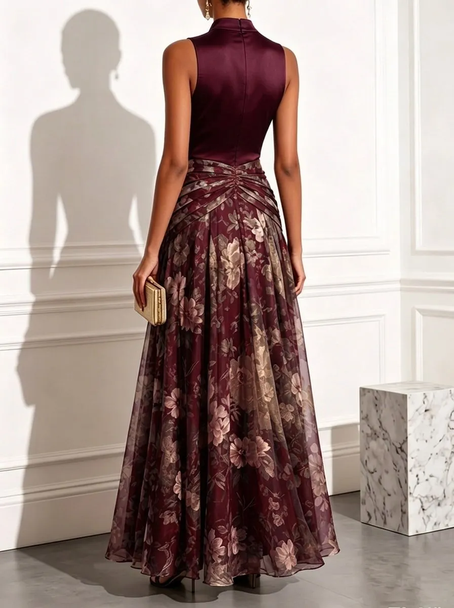 Wine Red Floral Chiffon Mock Neck Sleeveless A-Line Maxi Dress - Wine Red