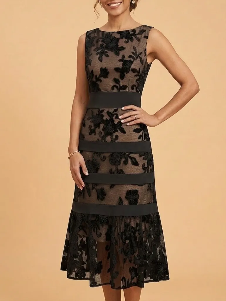 Elegant Black Floral Lace Midi Dress for Mother of the Bride or Groom