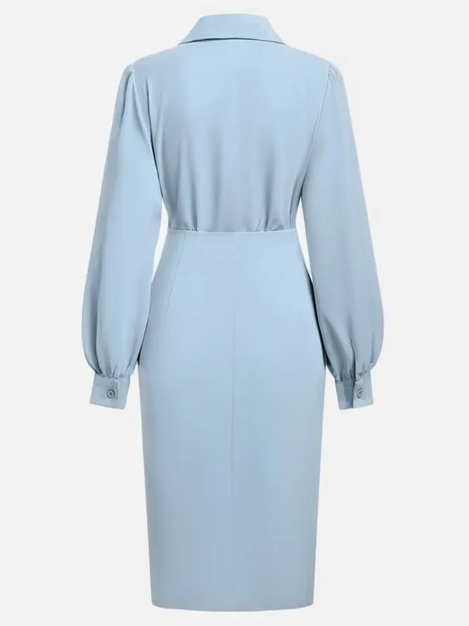 Women Light Blue Ruched Shirt Collar Long Sleeve Dressy Top With Skirt Two-Piece Set