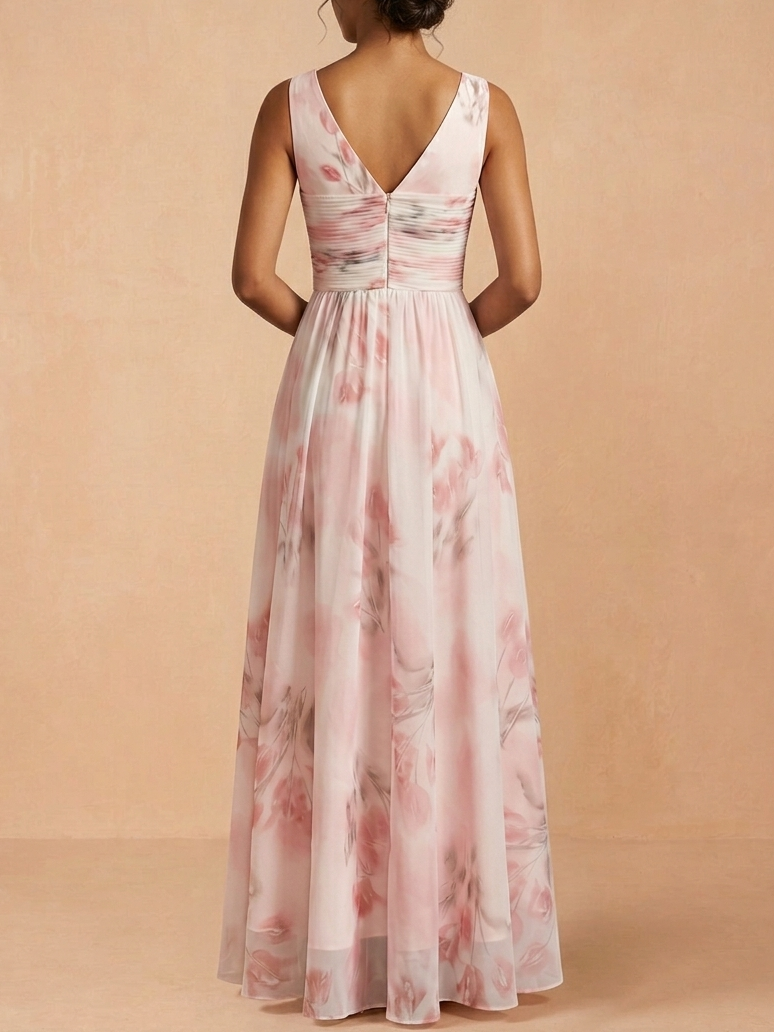 Blush Pink Floral Chiffon V Neck A-Line Maxi Bridesmaid Dress - Light Pink