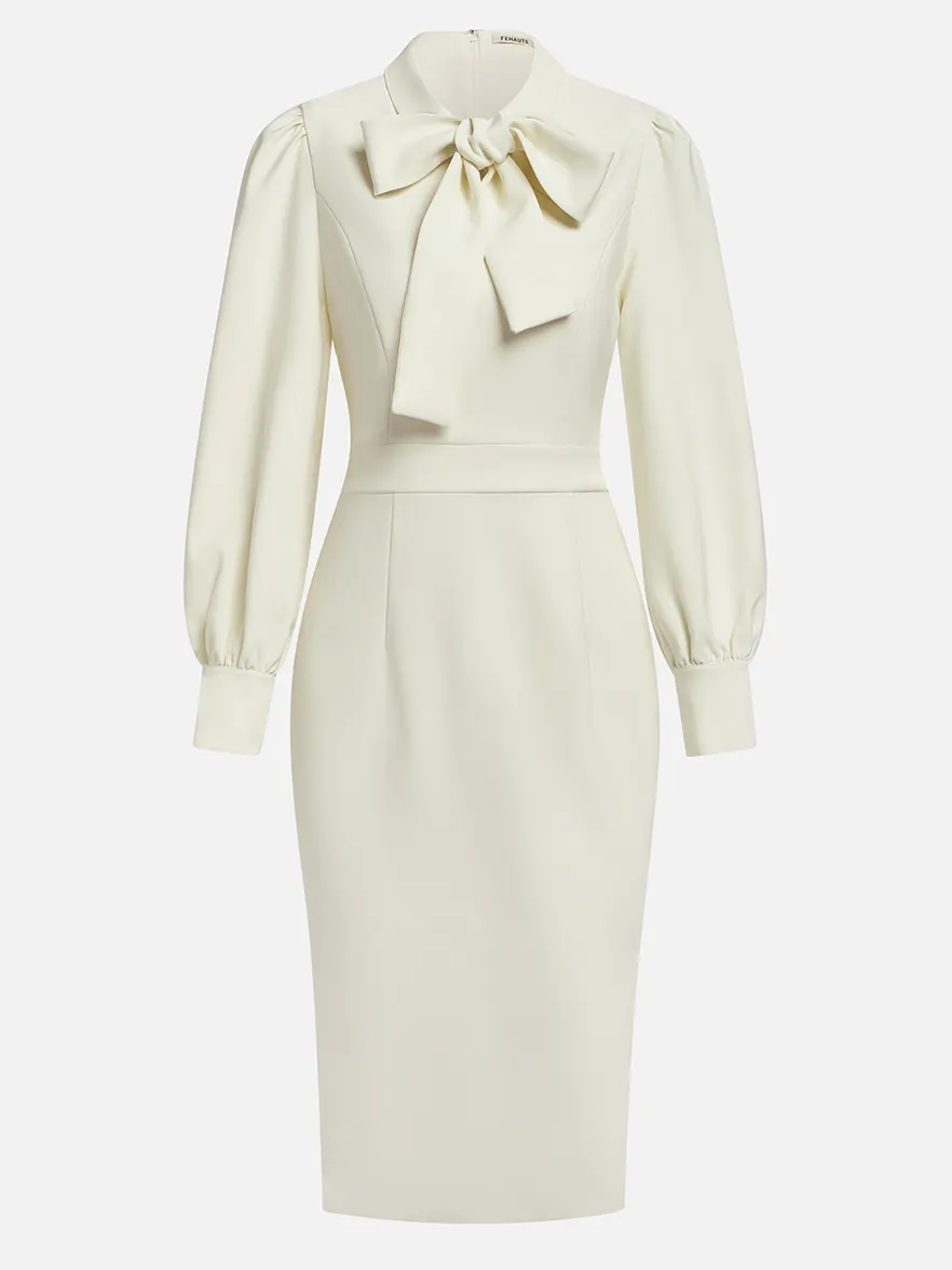 Off White Bow Classic Crew Neck Long Sleeve Sheath Midi Dress