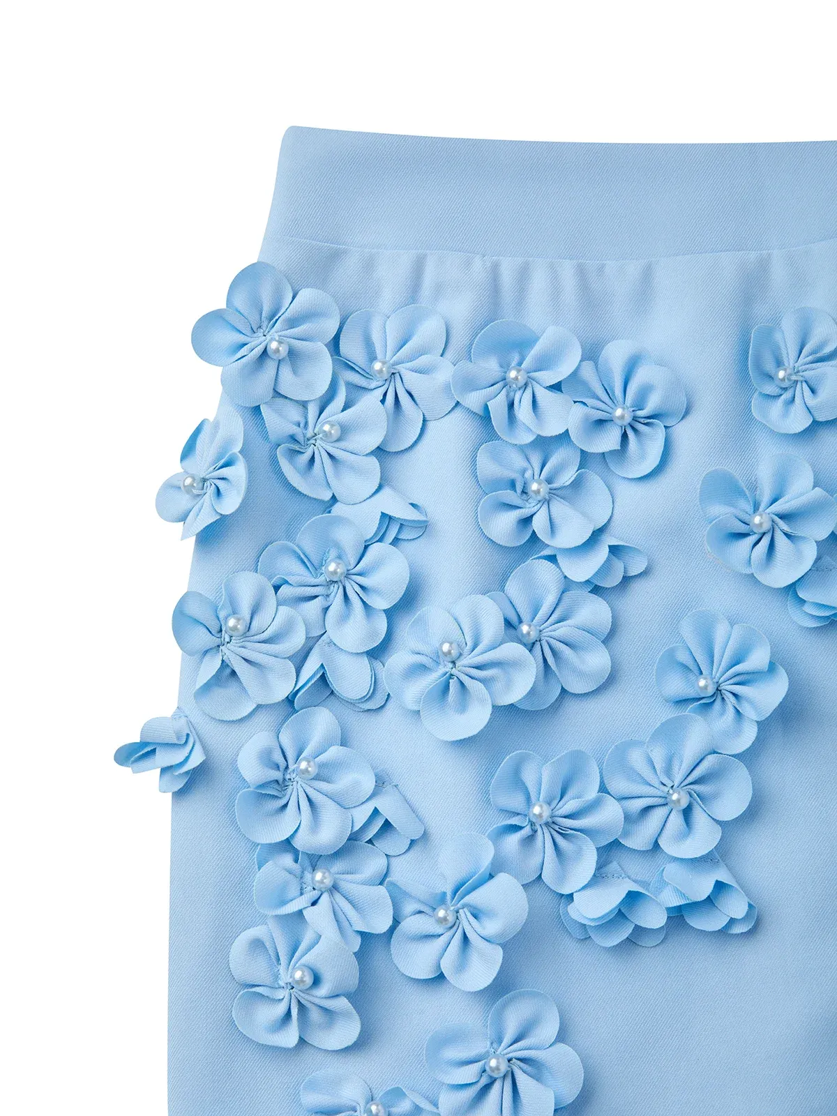 Women Blue 3D Floral Crew Neck Sleeveless Elegant Top With Skirt Two-Piece Set