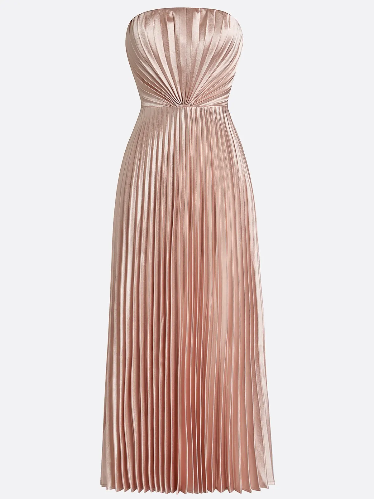 Rose Gold Pink Pleated Satin Strapless Sleeveless A-Line Midi Dress