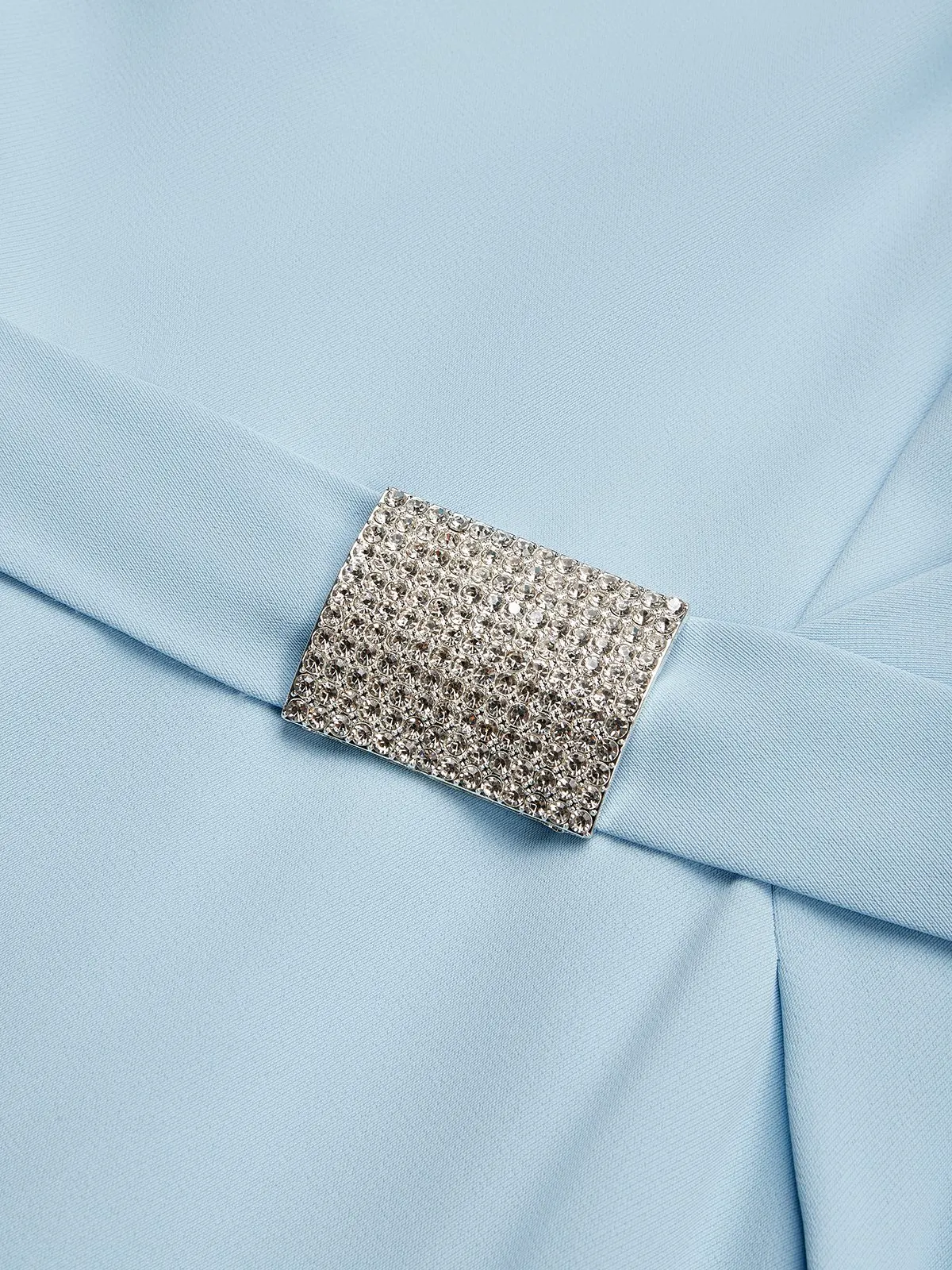 Light Blue Rhinestone Classic Square Neck Short Sleeve Sheath Midi Dress