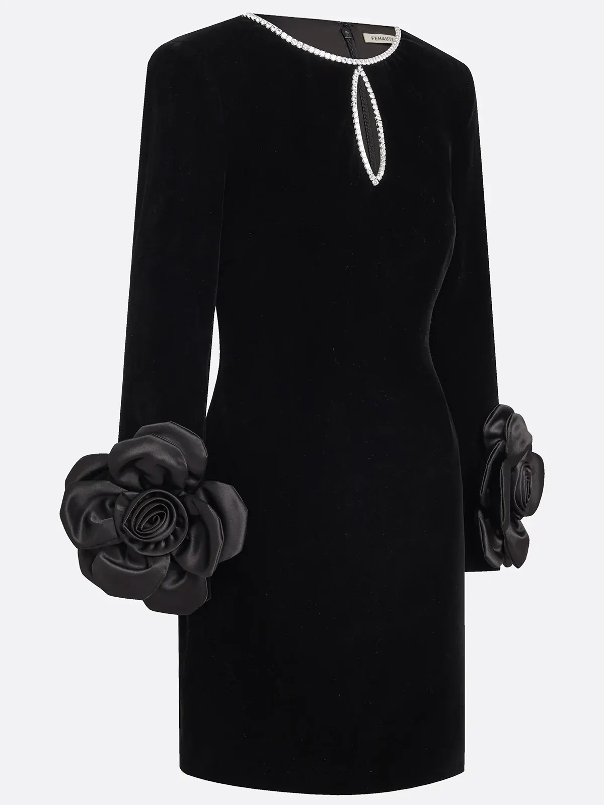 Black 3D Floral Rhinestone Velvet Crew Neck Long Sleeve Sheath Mini Dress