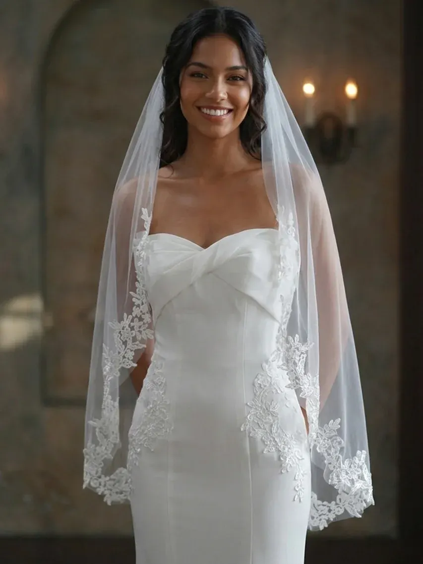 High-end Water-soluble Lace Patchwork Women's White Single-layer Lace Trim 100cm-150cm Bridal Veil - White