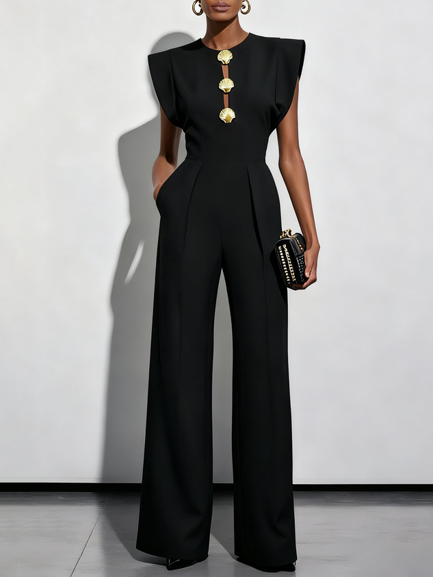 Women Black Buckle Hollow Out Crew Neck Cap Sleeve Dressy Jumpsuit