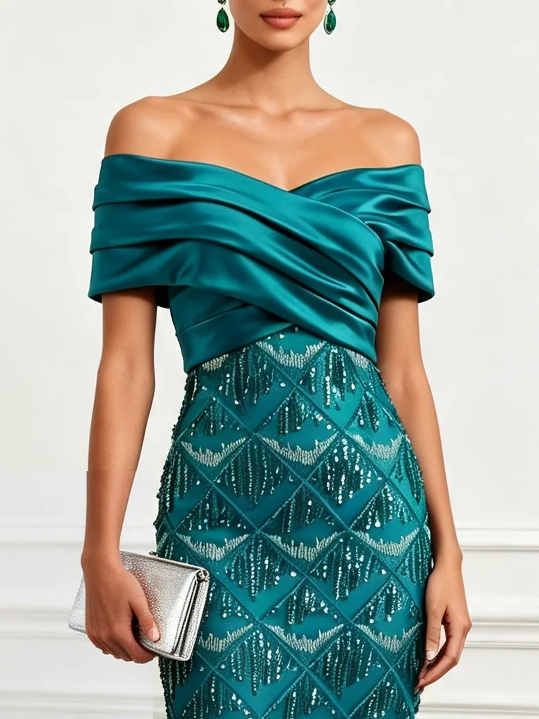 Cyan Tassel Cross Sequin Off The Shoulder Short Sleeve Sheath Midi Dress