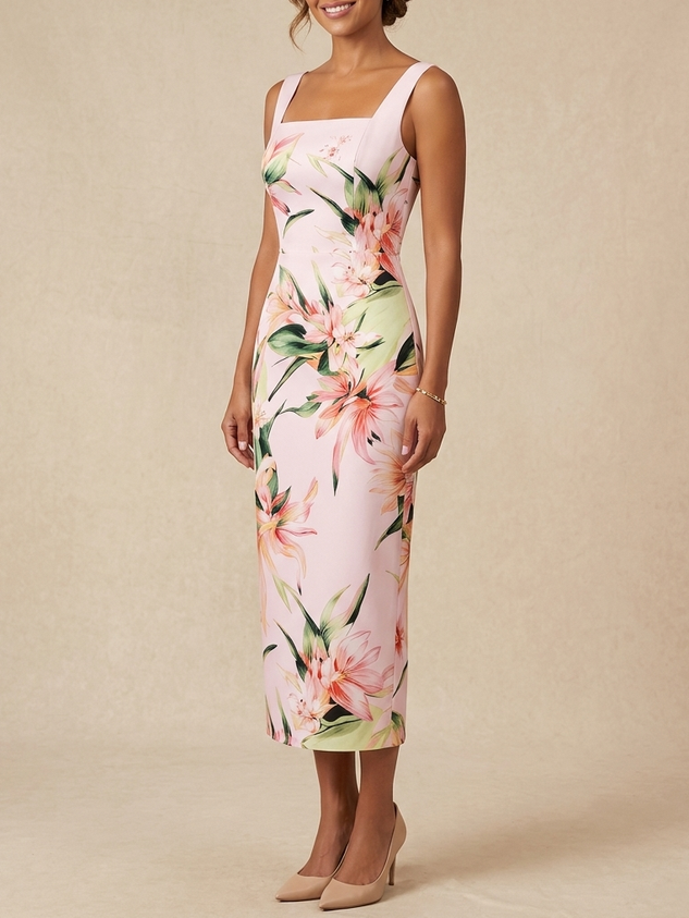 Elegant Floral Print Midi Dress for Mother of the Bride, Sleeveless Square Neck Formal Wedding Guest Dress in Blush Pink