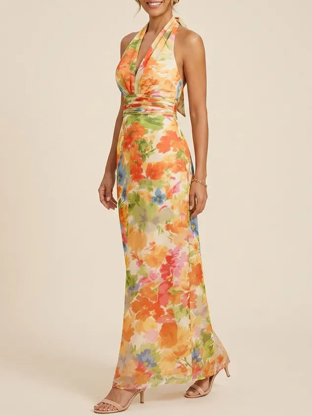 Elegant Floral Halter Chiffon Maxi Dress - Sophisticated Mother of the Bride & Groom Gown