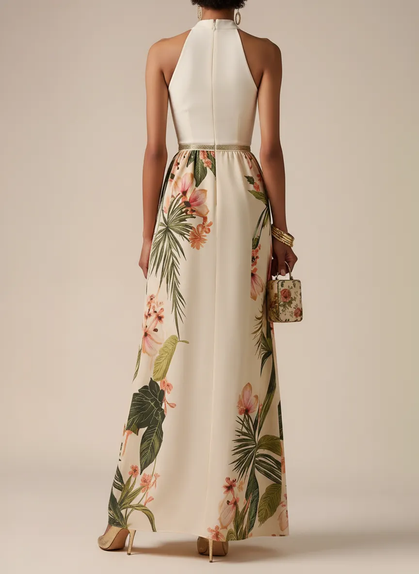 Beige Floral Bow Satin Halter Neck Sleeveless A-Line Gown Dress